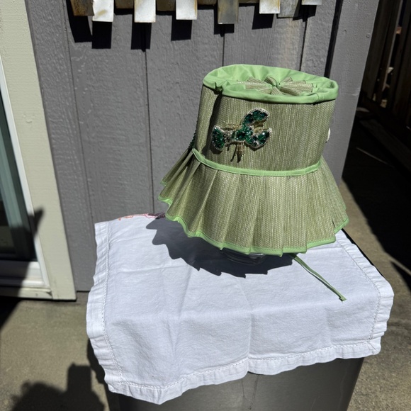 Pastel green custom made bucket hat with beaded patches. main image 5